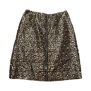 J. McLaughlin Retro Black and Metallic Gold Floral A-Line Skirt Size 2
